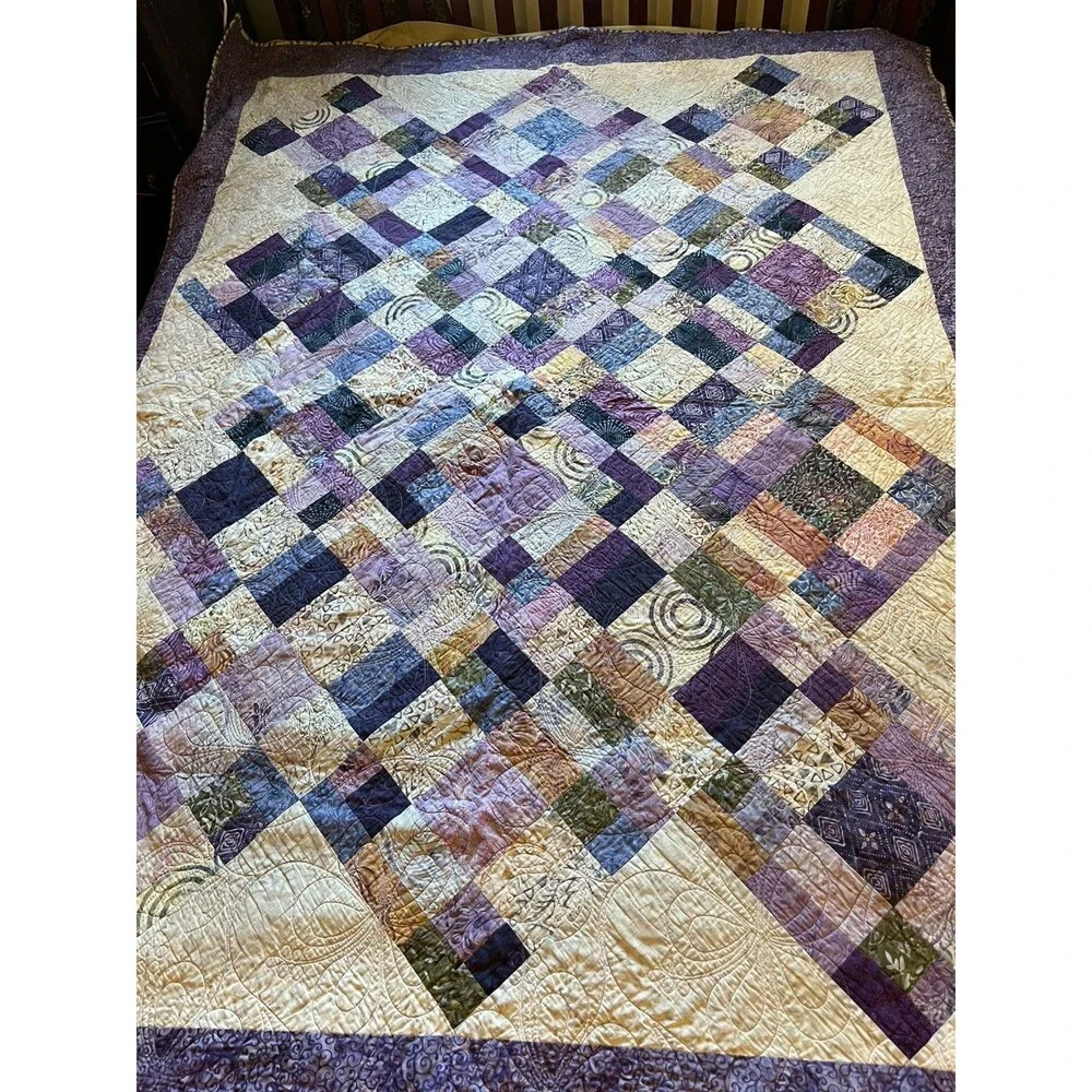 Cottage Core Hand Made QUILT Wall Hanging 75 X 58” Purple Napa Diamonds NEW